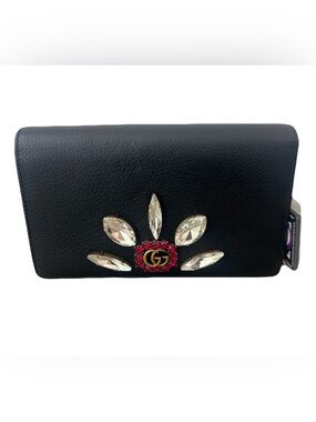 Gucci Black Leather Crystal-Embellished Wallet on Chain